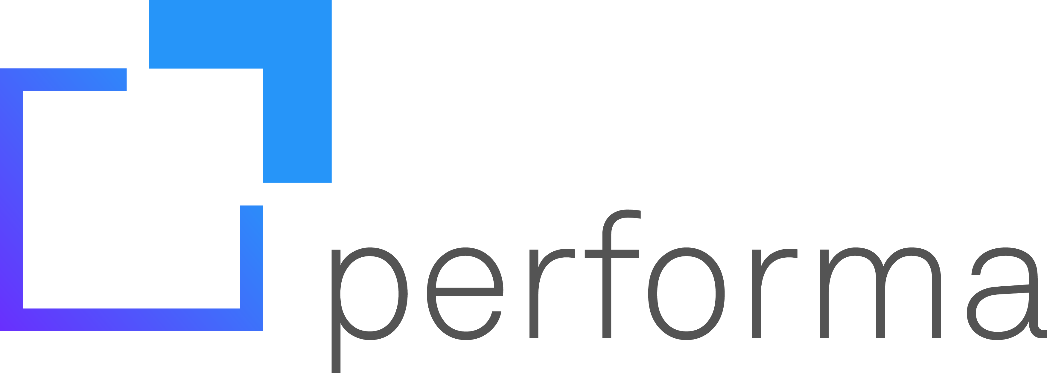 Logotipo MicroPower Performa: no lado esquerdo da imagem, um quadrado de contornos finos, em tons de azul e roxo, com um dos cantos deslocado e destacado por um traço mais grosso. Ao lado direito do símbolo, a escrita MicroPower Performa na cor preta.